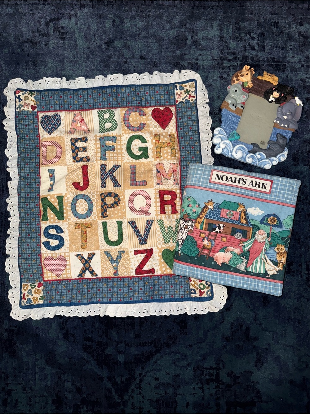 Vintage Nursery Lot 3pc Noahs Ark Frame Fabric Book ABC Blanket